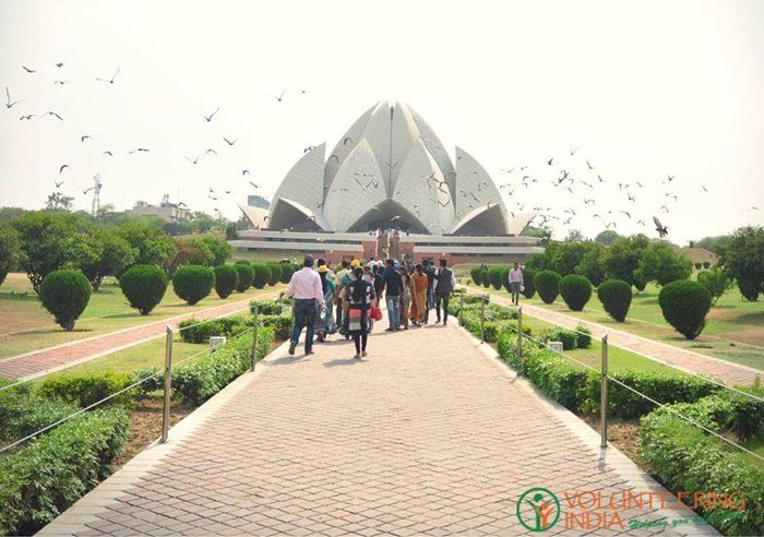 Visitors on the path to the Lotus Temple in Delhi