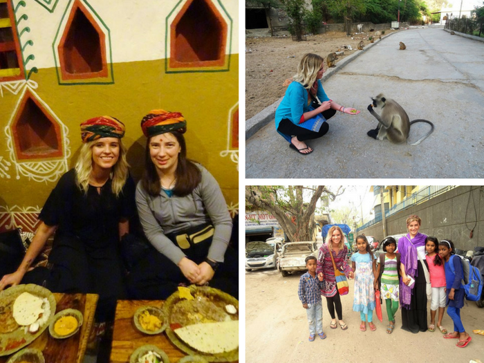 Three photos of Tracey: in a Rajasthani turban at dinner, beside a langur on a road and with children in Delhi