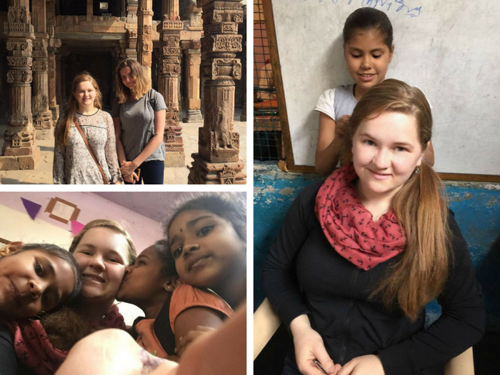 Three photos of Anastasia: at the Qutub Minar complex and with children at her project in Delhi