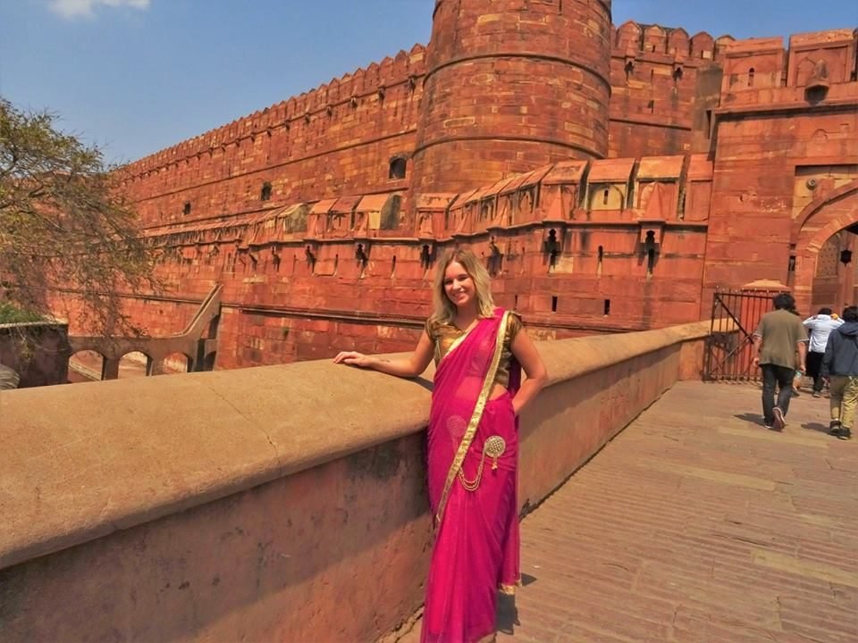 A volunteer in a sari on the ramparts of Agra Fort