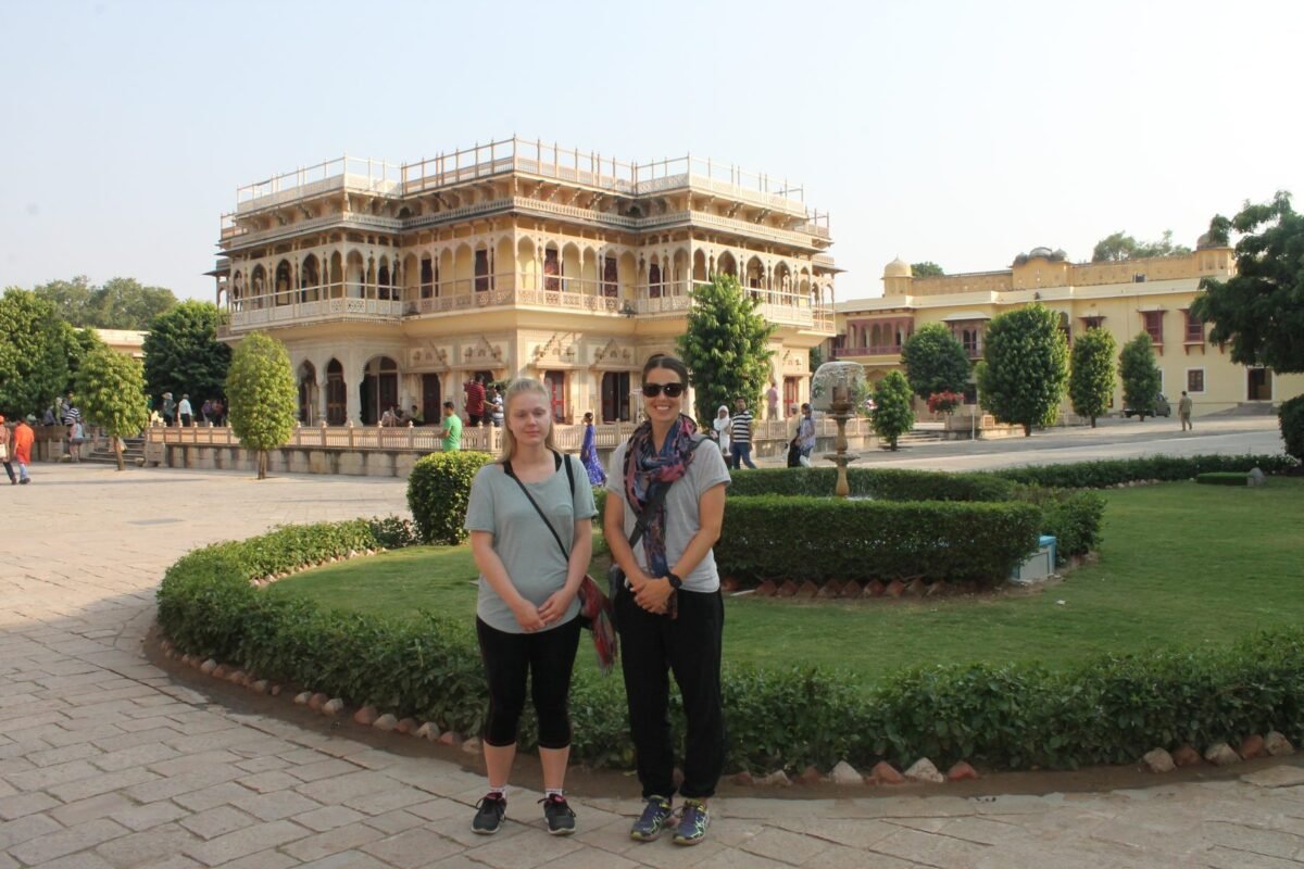 Two volunteers in the gardens of the City Palace in Jaipur
