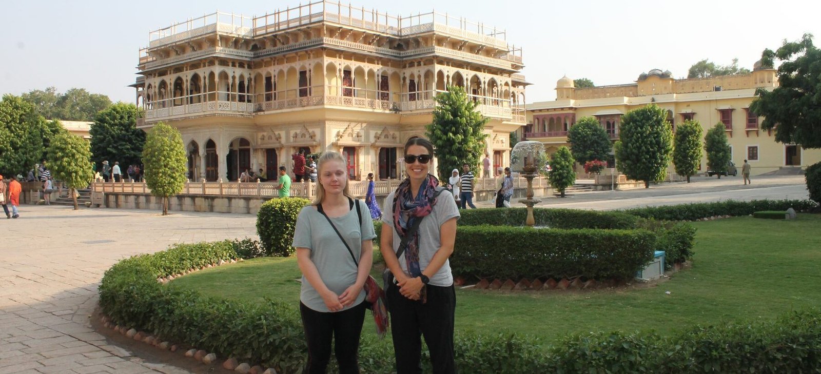 Two volunteers in the gardens of the City Palace in Jaipur